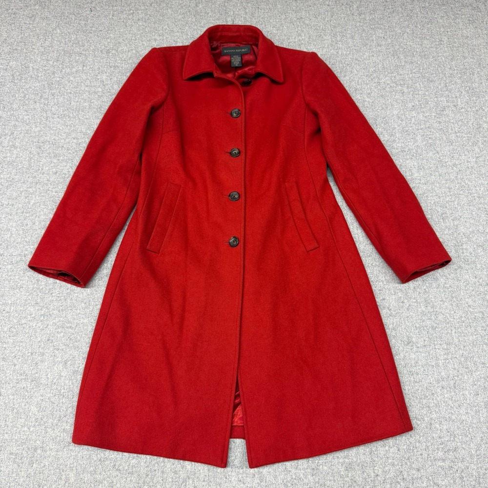 Banana Republic Wool Blend Trench Coat XS Red Long Button Front Winter Overcoat
